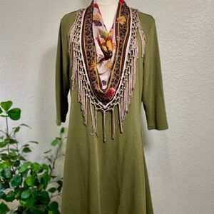 Cactus + Pearl Olive Green Dress w/ Attached Scarf | Fall Boho Style